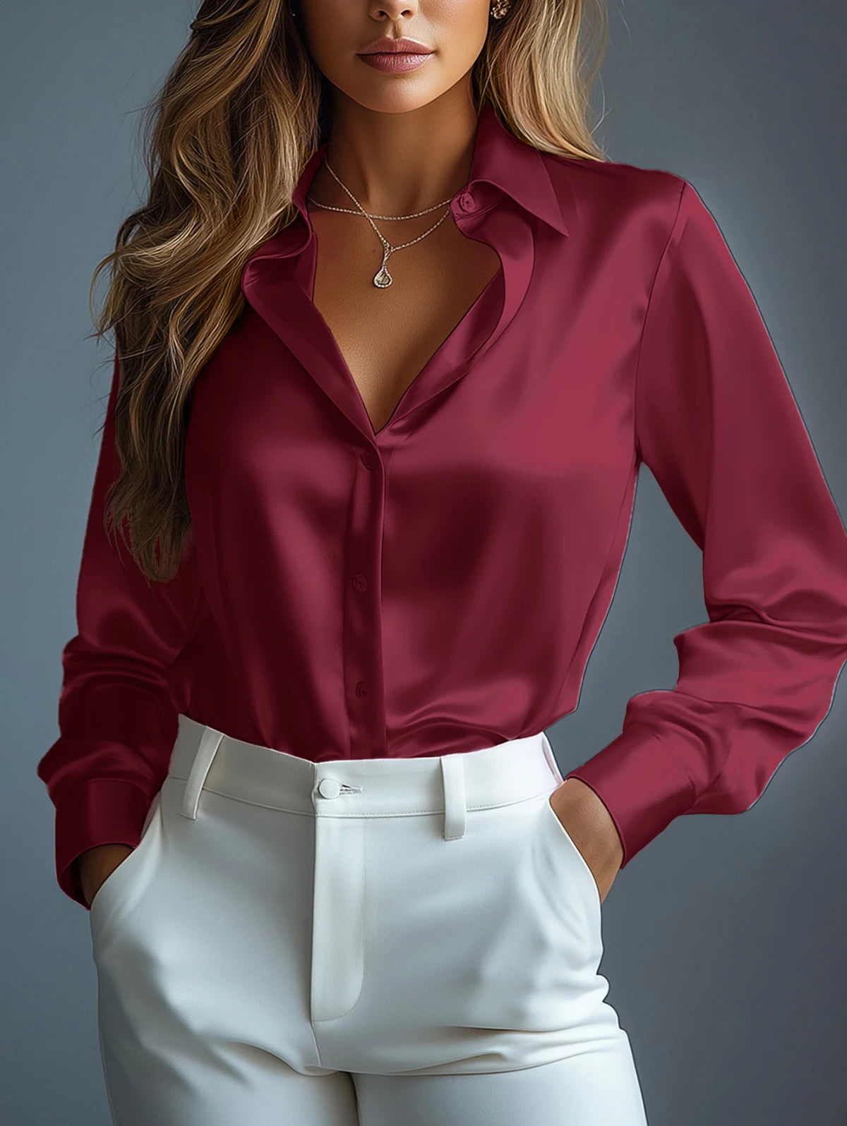 Damen-Satin-Hemden, elegant, schlicht, langärmelig, Bluse