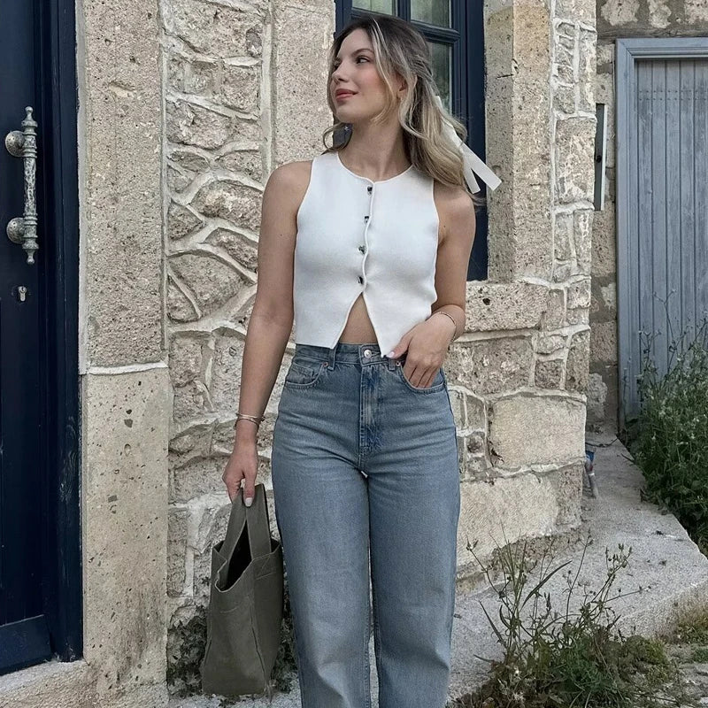 Weiß Stricken Crop Top Frauen
