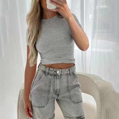 Damen-Kurzarm-Rundhals-Stretch-T-Shirt