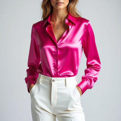 Damen-Satin-Hemden, elegant, schlicht, langärmelig, Bluse