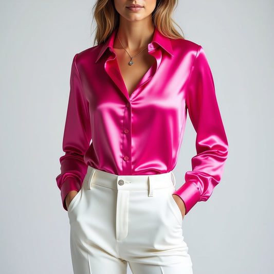Damen-Satin-Hemden, elegant, schlicht, langärmelig, Bluse