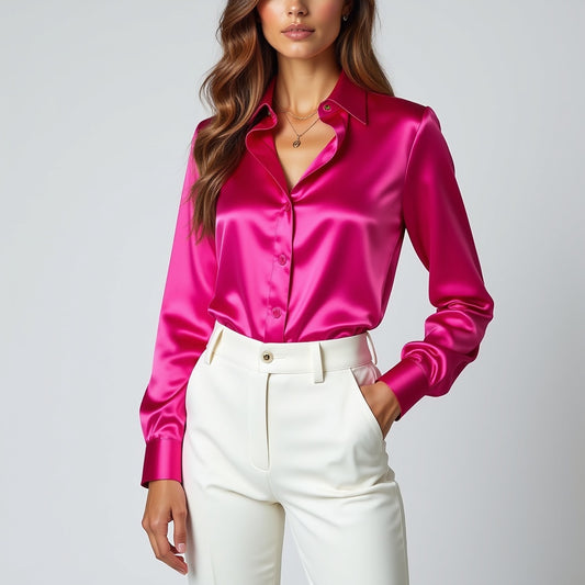 Damen-Satin-Hemden, elegant, schlicht, langärmelig, Bluse