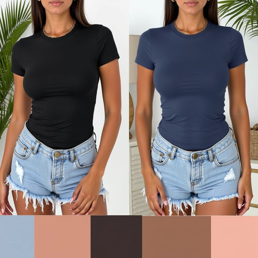Damen-Kurzarm-Rundhals-Stretch-T-Shirt