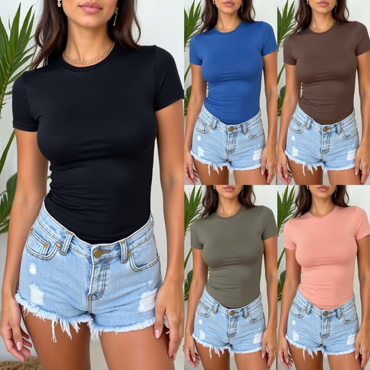 Damen-Kurzarm-Rundhals-Stretch-T-Shirt
