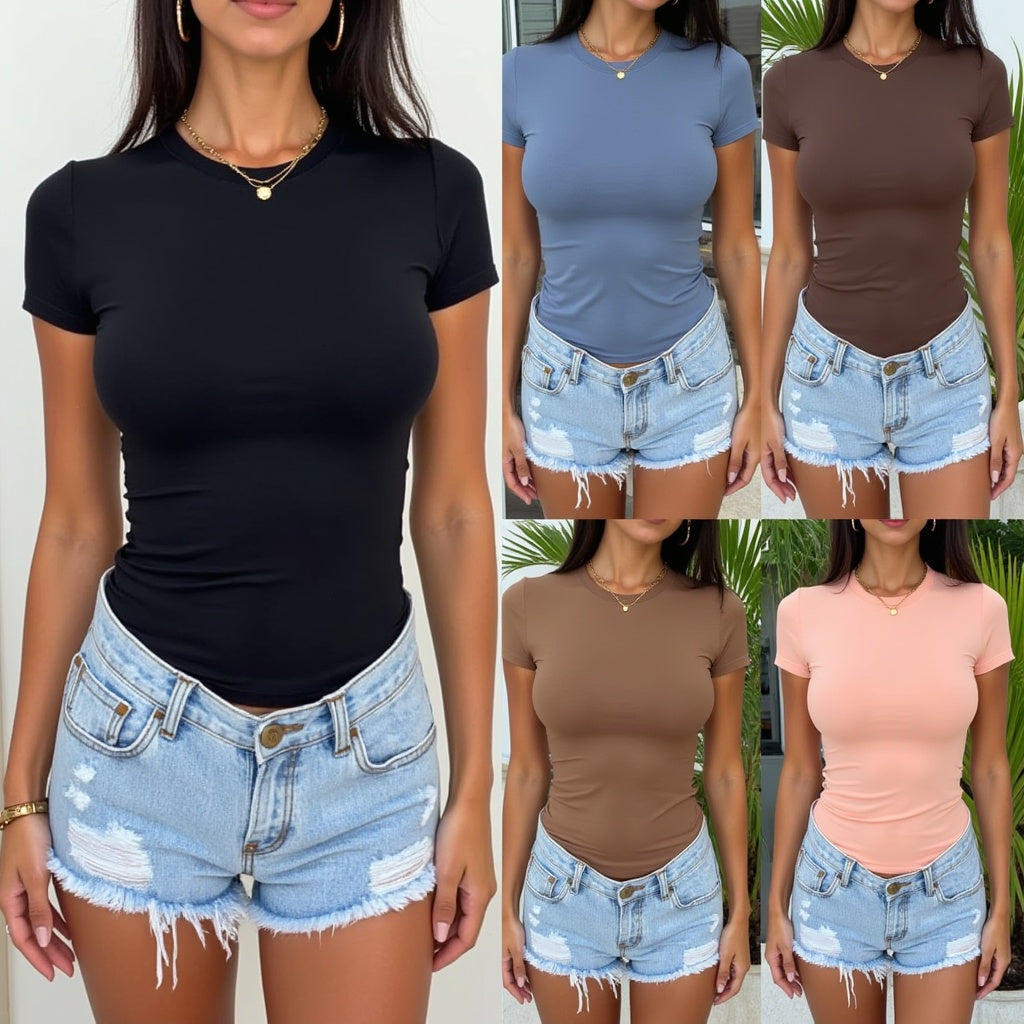 Damen-Kurzarm-Rundhals-Stretch-T-Shirt