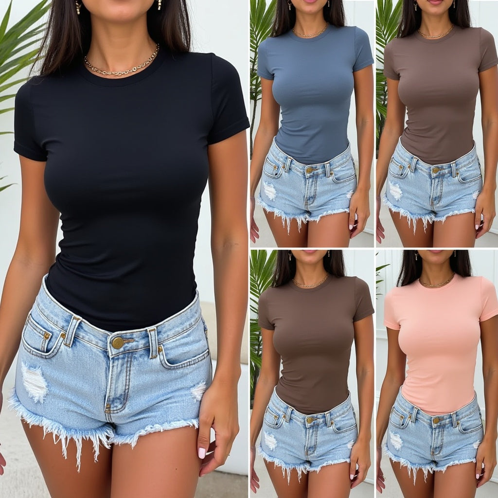 Damen-Kurzarm-Rundhals-Stretch-T-Shirt