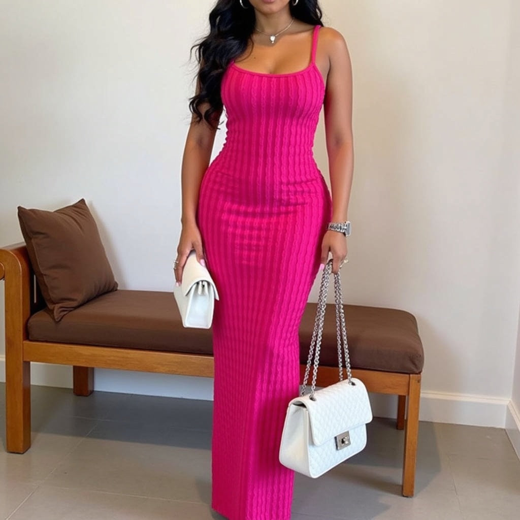 Sexy Streifen Rippen Stricken Schlank Bodycon Maxi Kleid