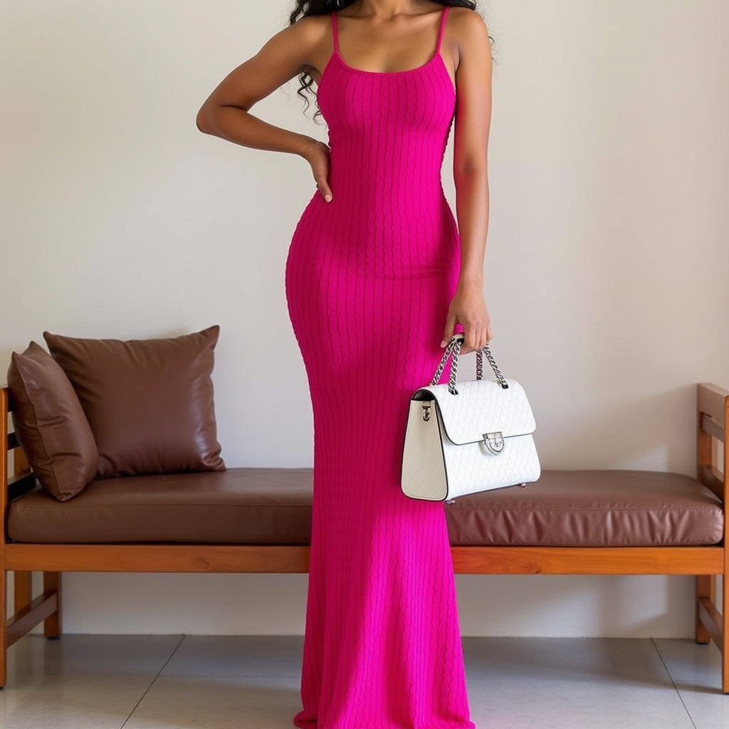 Sexy Streifen Rippen Stricken Schlank Bodycon Maxi Kleid