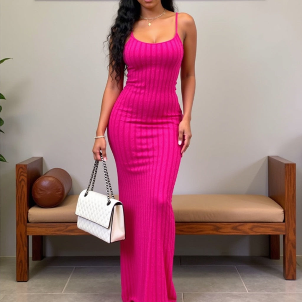 Sexy Streifen Rippen Stricken Schlank Bodycon Maxi Kleid