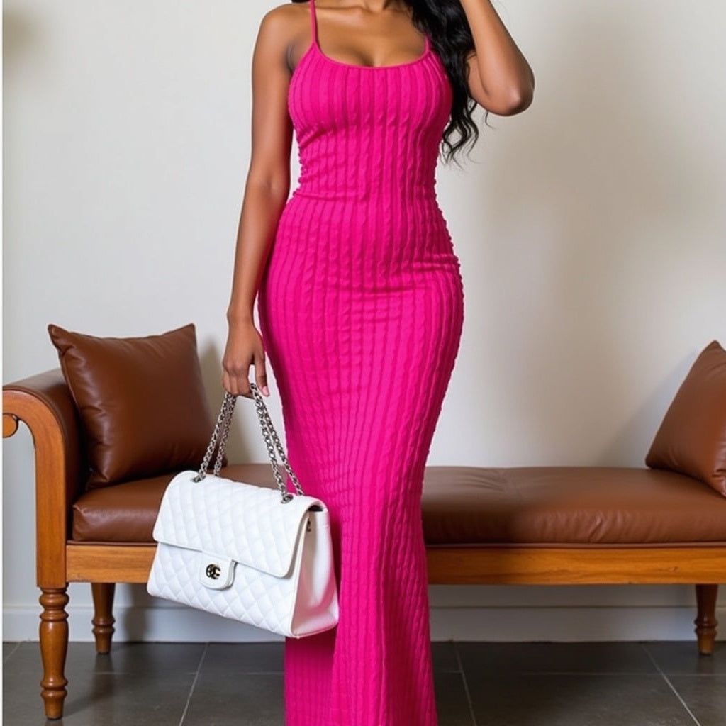 Sexy Streifen Rippen Stricken Schlank Bodycon Maxi Kleid