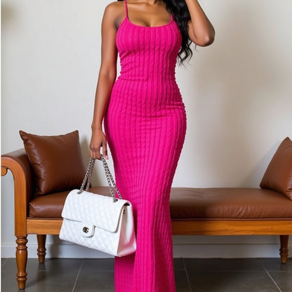 Sexy Streifen Rippen Stricken Schlank Bodycon Maxi Kleid